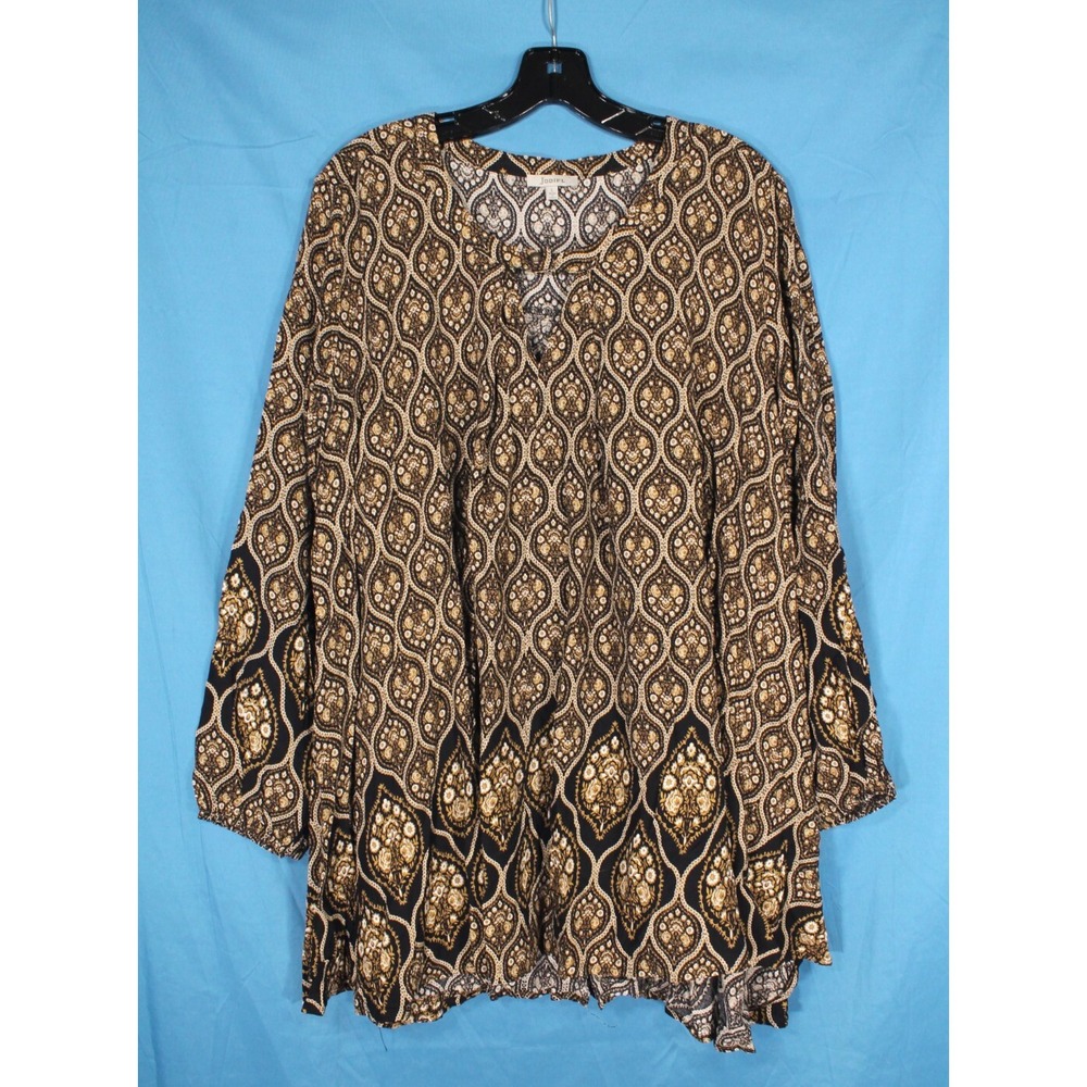 JODIFL Brown/Black TWILL Keyhole Neckline PLEATED Boho TUNIC TOP/DRESS Sz L
